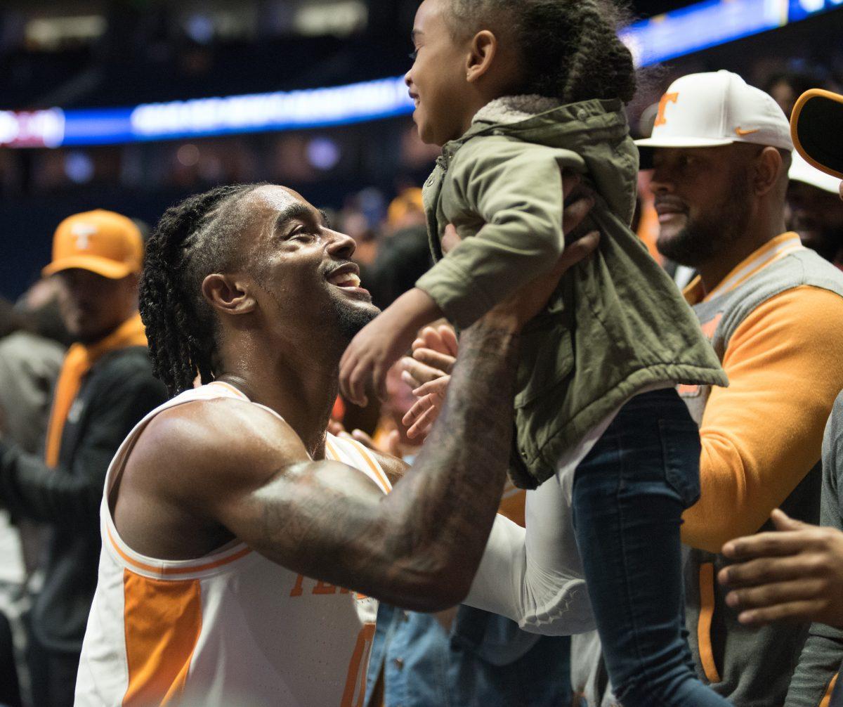 #0, Jordan Bone, visits family after the SEC Tournament game against Mississippi State at the Bridgestone Arena on Friday March 15, 2019. 