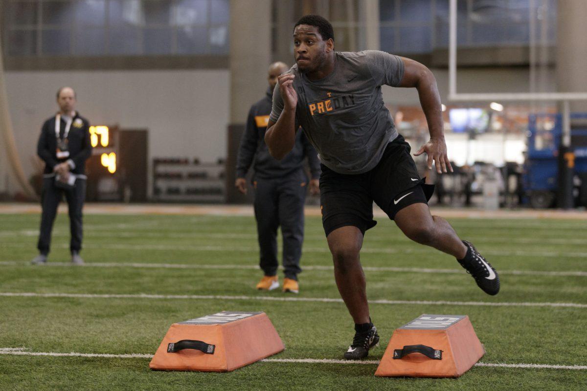 KNOXVILLE, TN - MARCH 14, 2019 - Defensive lineman Kyle Phillips #5 of the Tennessee Volunteers during Pro Day on the Robert E. White indoor field in the Anderson Training Center in Knoxville, TN. Photo By Maury Neipris/Tennessee Athletics