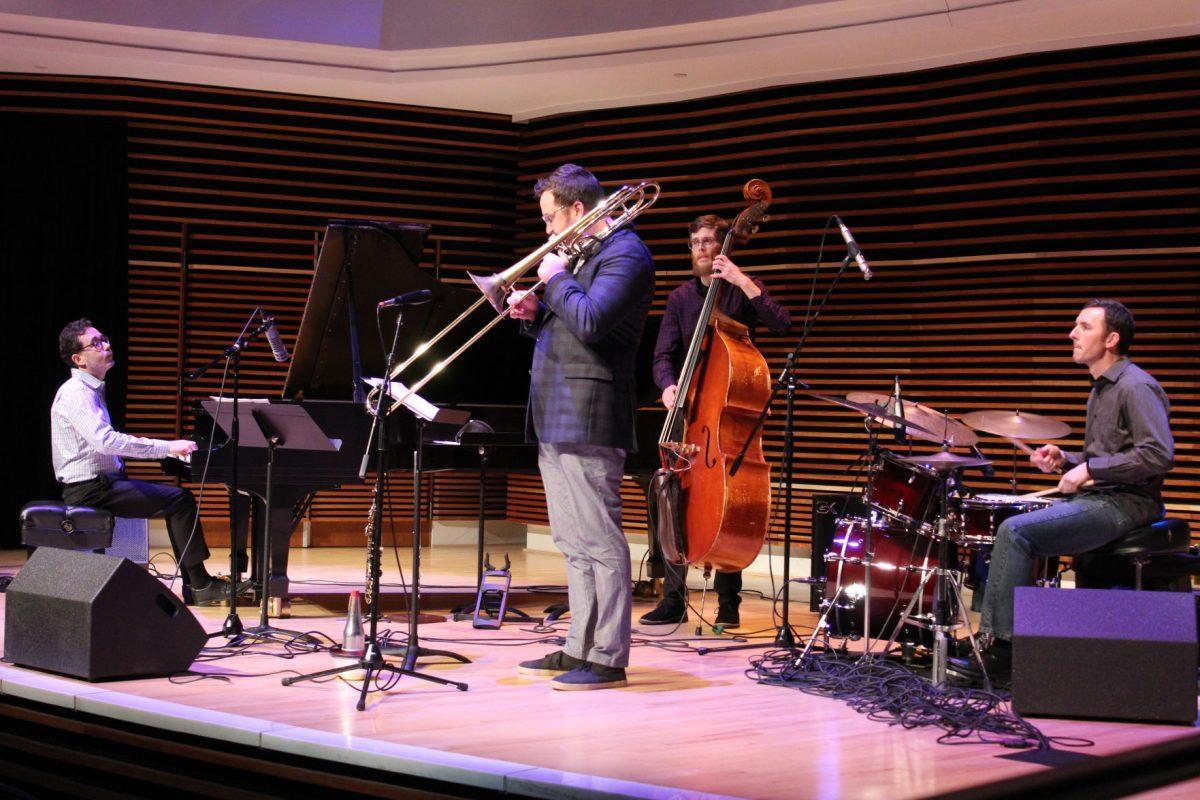 The University of Kentucky Faculty Jazztet consists of Raleigh Dailey on piano, Paul Deatherage on drums, Danny Cecil on bass, Miles Osland on saxophone and flute, and Bradley Kerns on trombone. 