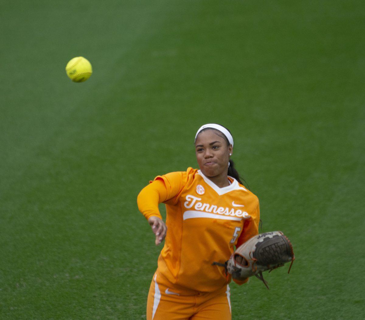 Tianna Batts, #5, prior to the game against Kansas on Feb. 22, 2019 at Sherri Parker Lee Stadium. 
