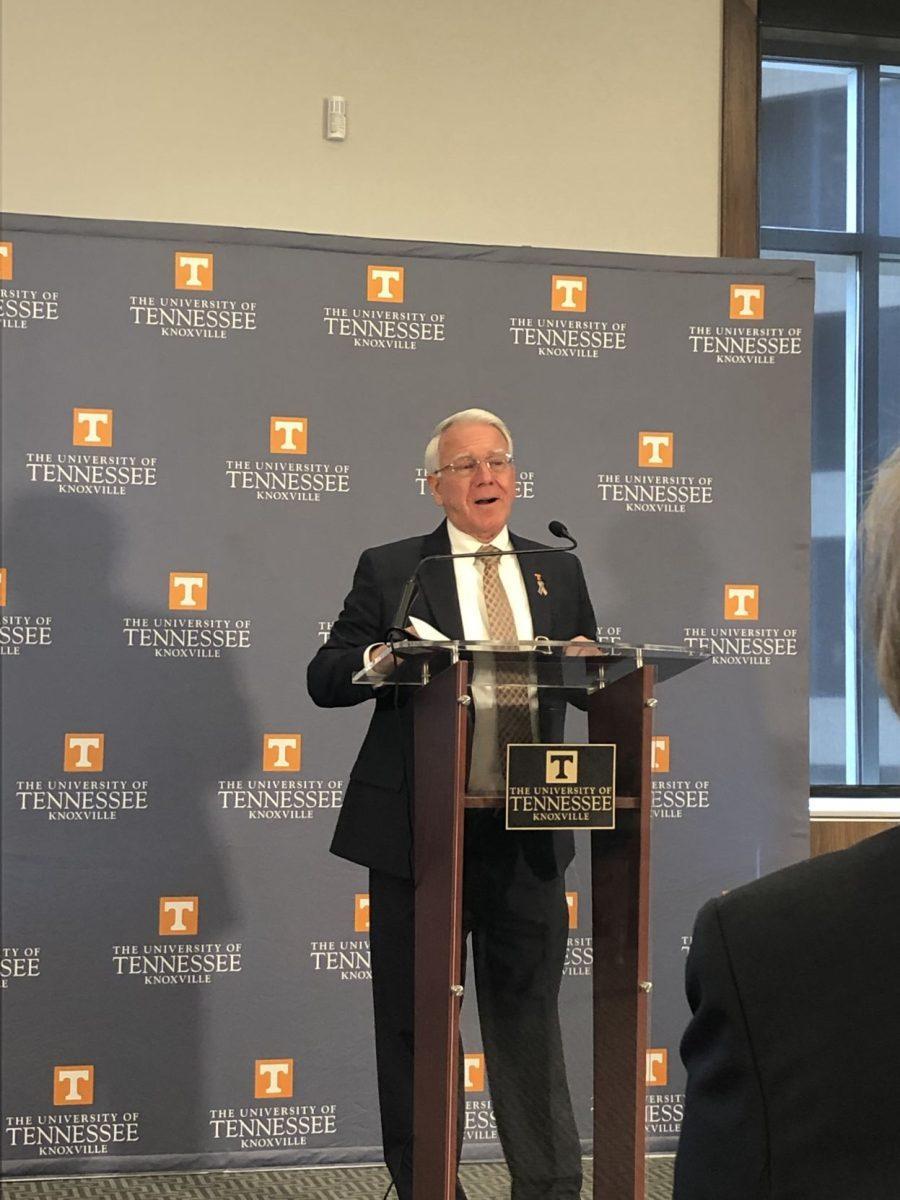 Interim Chancellor Wayne Davis opened a Tennessee Promise news conference Tuesday, April 2. 