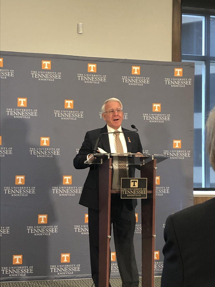 Interim Chancellor Wayne Davis opened a Tennessee Promise news conference Tuesday, April 2. 