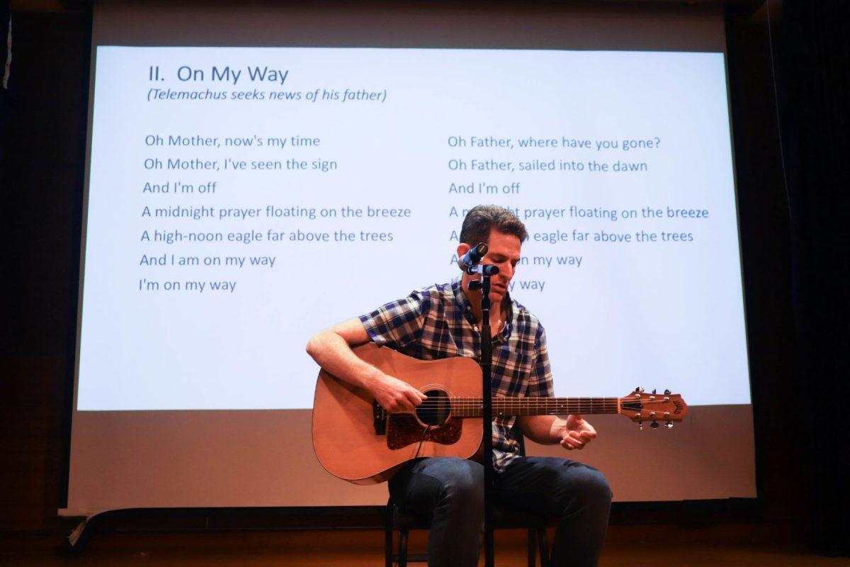 Contemporary bard Joe Goodkin stopped by the Alumni Memorial Building on Monday to perform a half-hour long folk and blues-infused interpretation of Homer’s Odyssey on April 9, 2019.