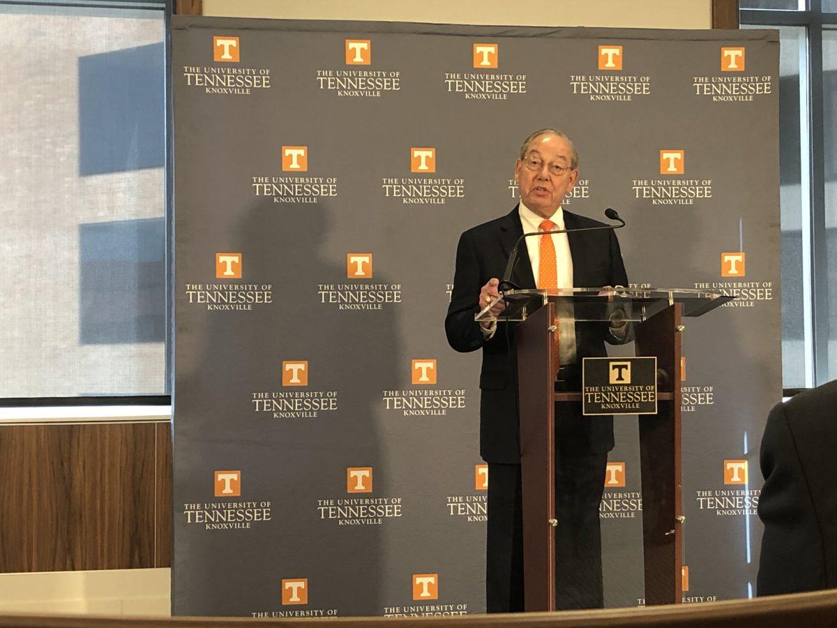 Chancellor Emeritus Jimmy Cheek shared insight into Tennessee Promise research at a news conference Tuesday, April 2. 
