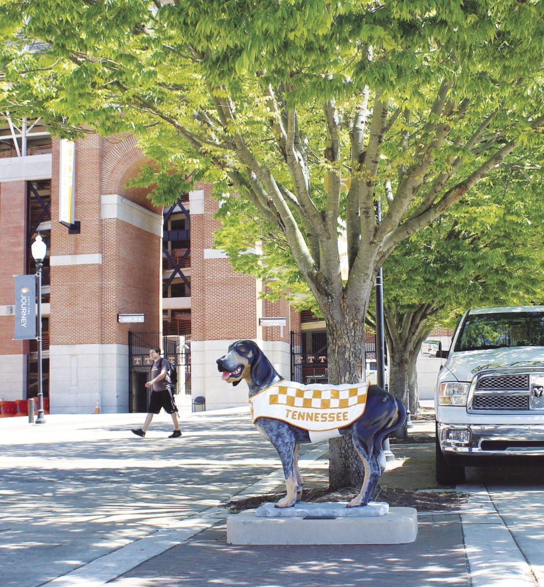 One of the Smokey statues in front of Neyland Stadium. The statues were dedicated to the beloved ten Smokeys on Friday April 13, 2019. 