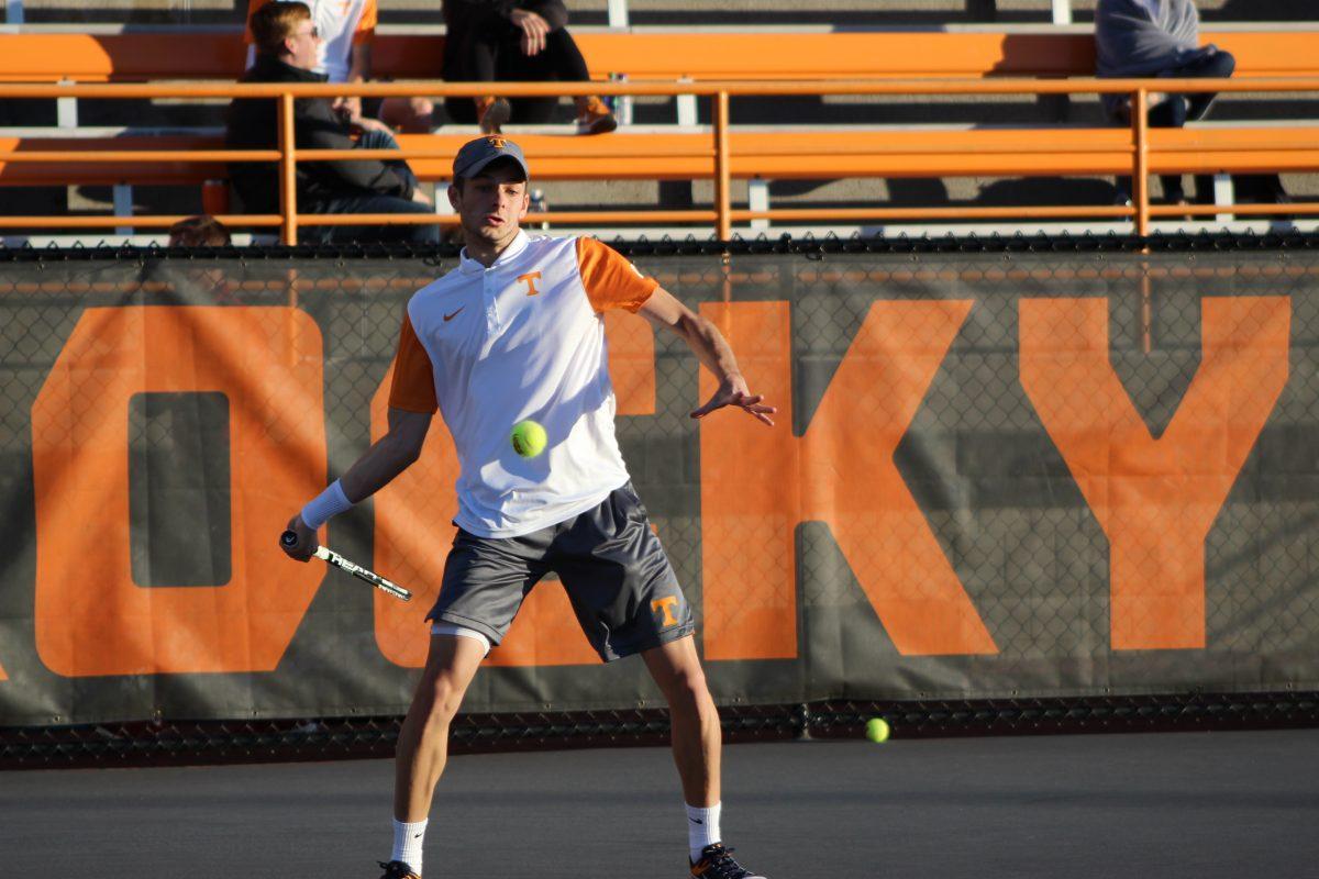 Timo Stodder during a match against South Carolina on March 15, 2019 at GoodFriend Tennis Stadium.