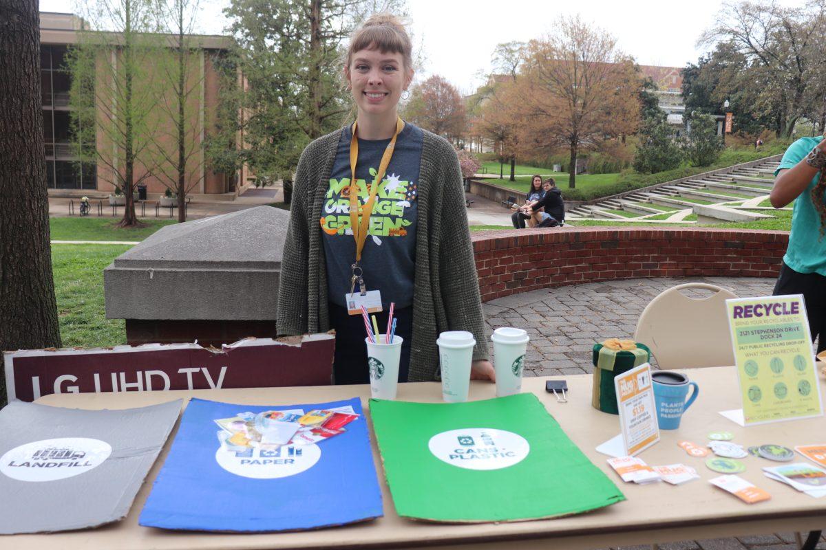 In celebration of Earth Month, the Office of Sustainability and SGA teamed up with Make Orange Green to spread the word on sustainability and recycling around campus on Thursday April 4, 2019 on Ped Walkway.