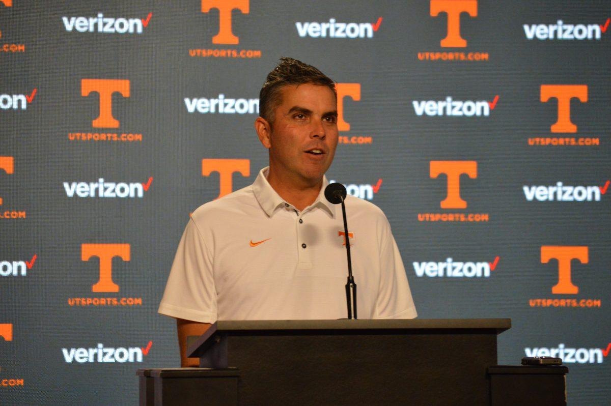 Tennessee head mens golf coach Brennan Webb speaks with the media on Sept. 26, 2018.