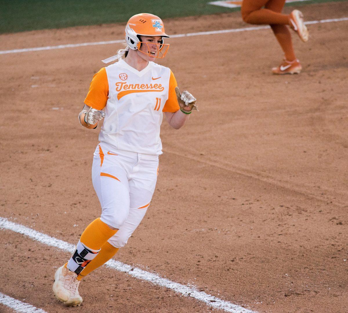 #11, Haley Bearden runs to first base during the game against Texas on March 15, 2019 against at Sherri Parker Lee Stadium.  