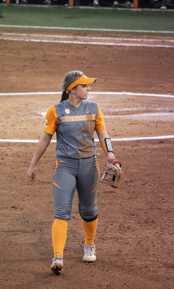 #17. Chelsea Seggern walks off the field after an inning during the game against Auburn University on Sunday April 7, 2019 at the Sherri Parker Lee Stadium. 