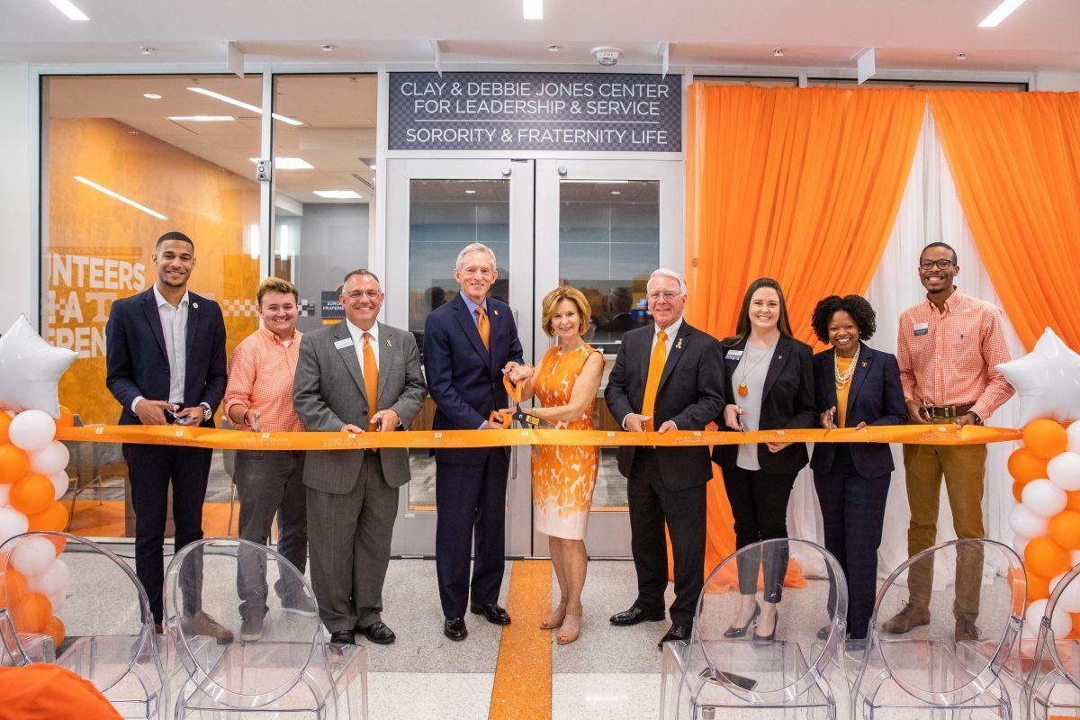 A ribbon cutting to celebrate the dedication of the Clay and Debbie Jones Center for Leadership and Service inside the Student Union on April 12, 2019. 