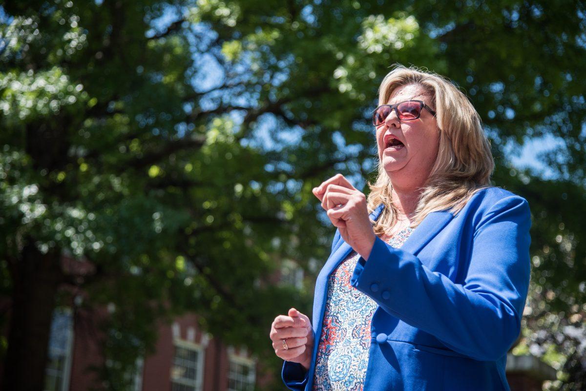 Representative Gloria Johnson (D-Knoxville) speaks in front of the federal courthouse in downtown Knoxville on National Day of Action.