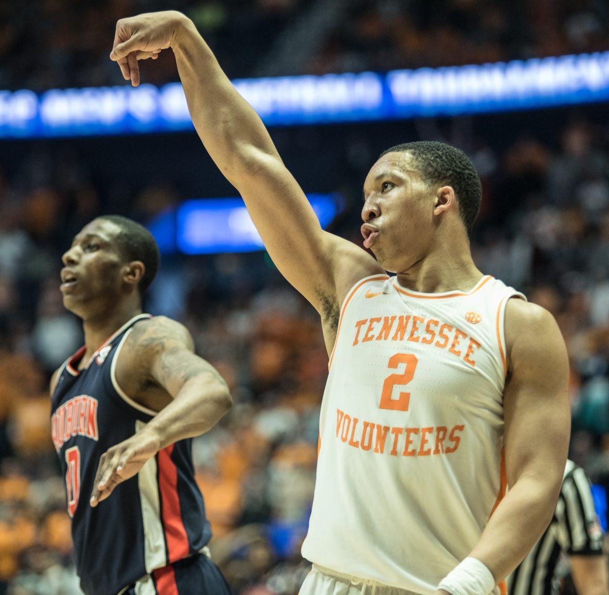 #2, Grant Williams poses after a three pointer during the SEC Tournament game against Auburn University at the Bridgestone Arena on Sunday March 17, 2019. 