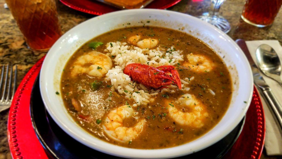 A large bowl of gumbo from Chief's Creole Cafe in Saint Petersburg, Florida. 