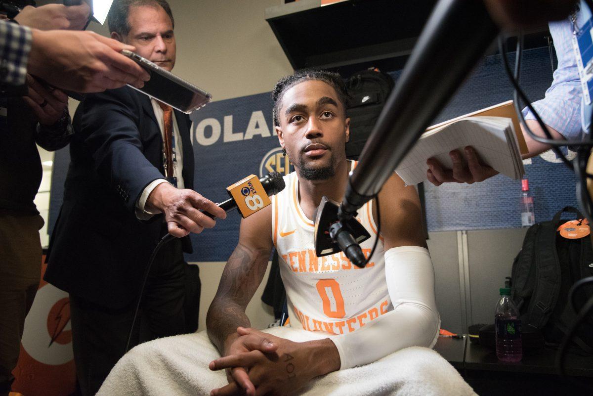 #0, Jordan Bone in the locker room after UTK's loss against Auburn University at the SEC Tournament  at the Bridgestone Arena on Sunday March 17, 2019. 
