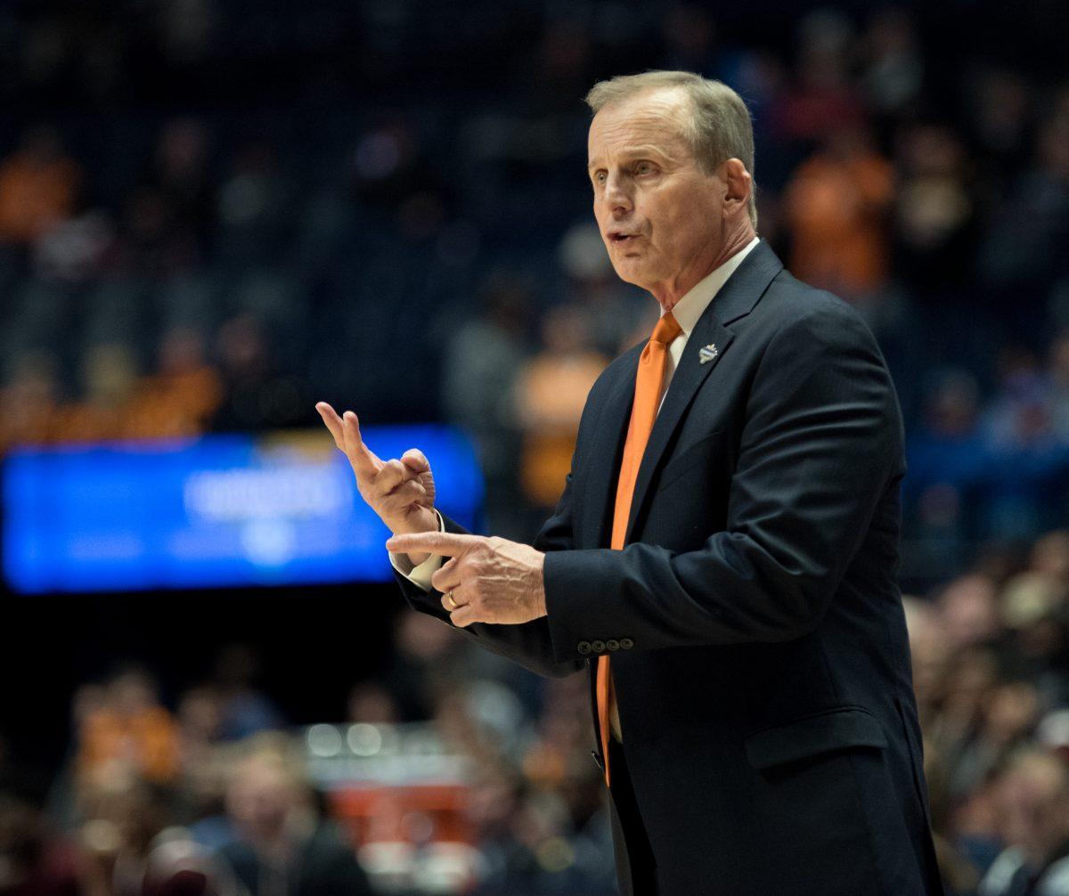 Head coach, Rick Barnes, calls plays during the SEC Tournament game against Mississippi State at the Bridgestone Arena on Friday March 15, 2019. 