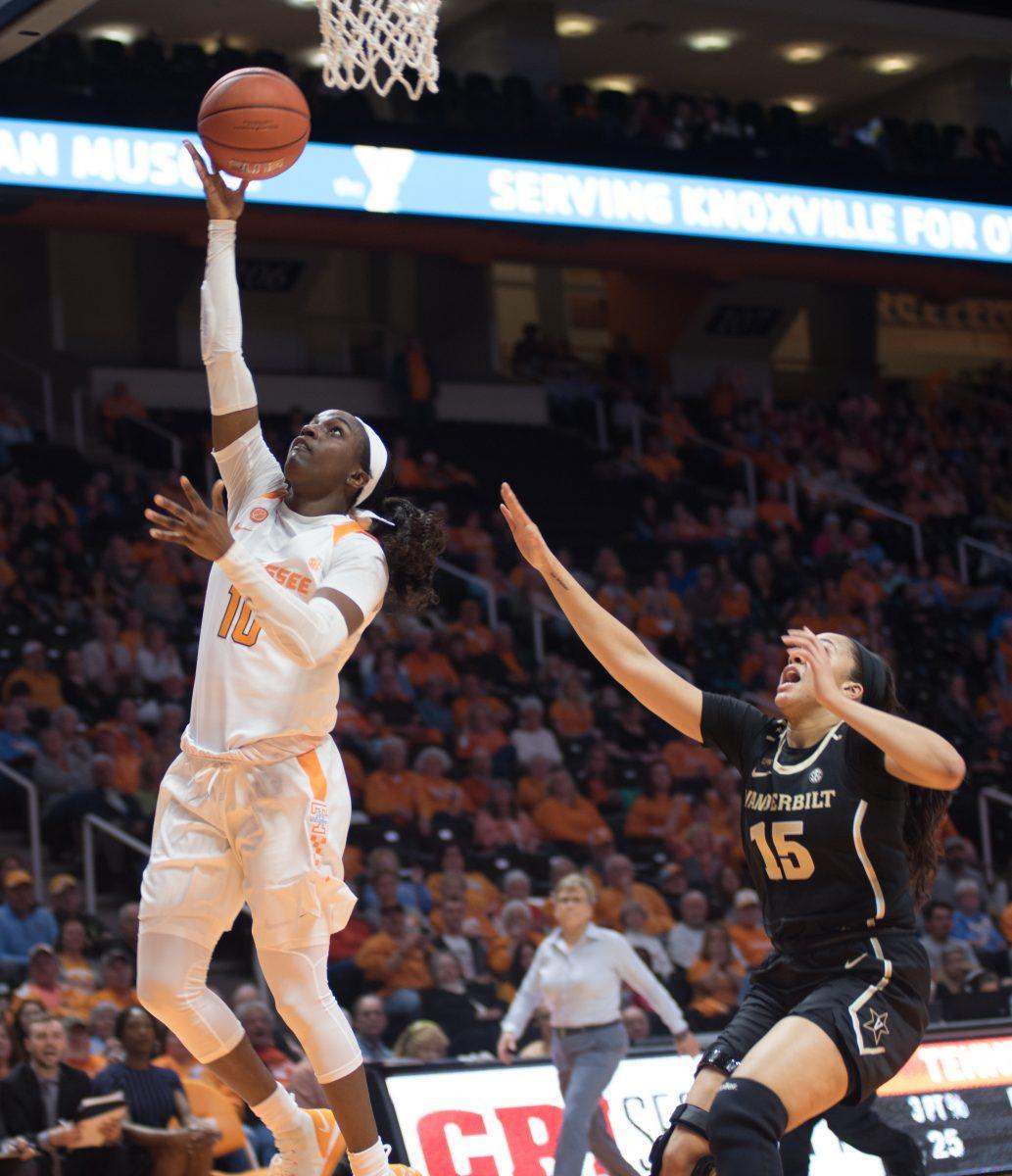 #10, Meme Jackson, goes for a layup against the Lady Commodores on Thursday Feb. 28, 2019 at Thompson-Boling Arena