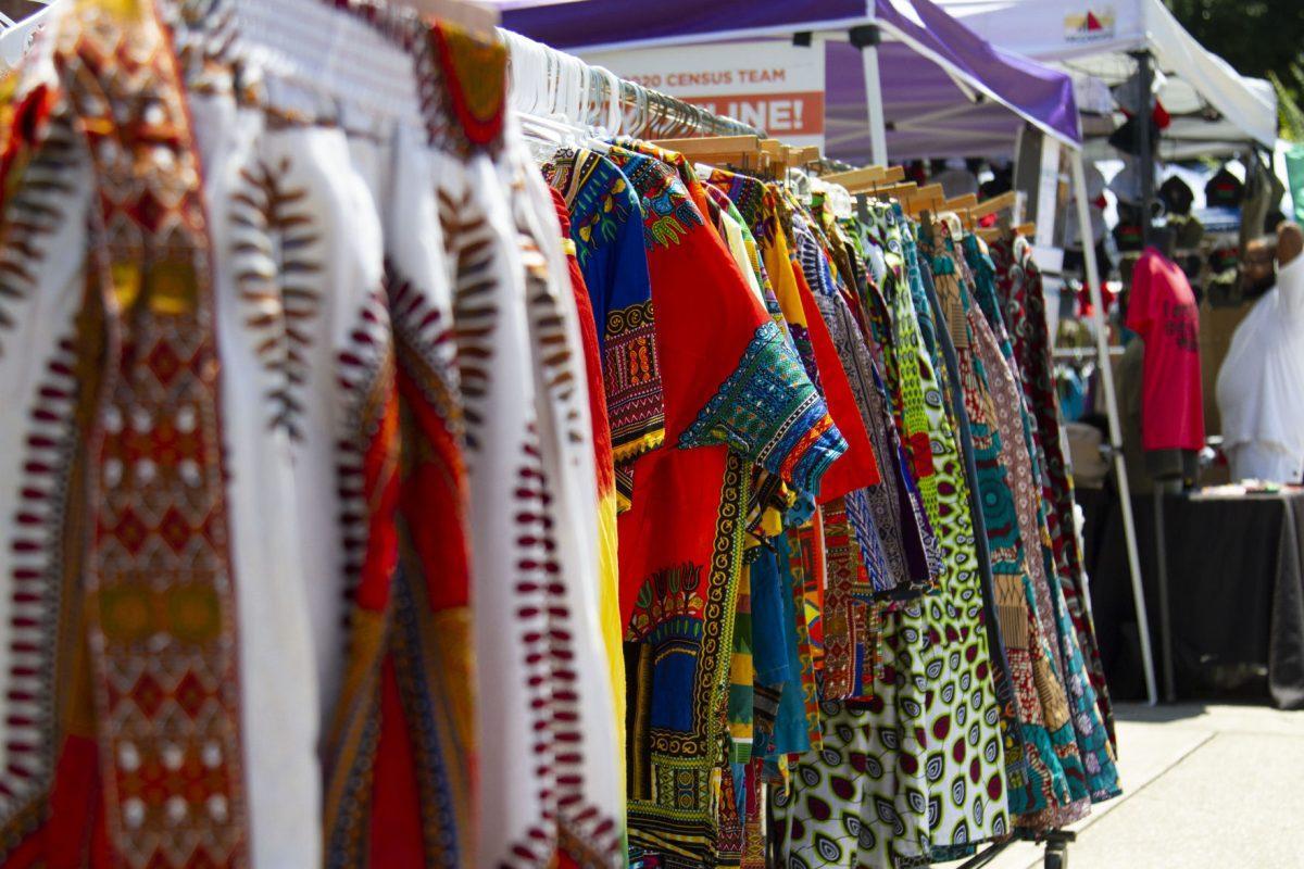 An assortment of African-style clothing available for sale at Kuumba Festival.