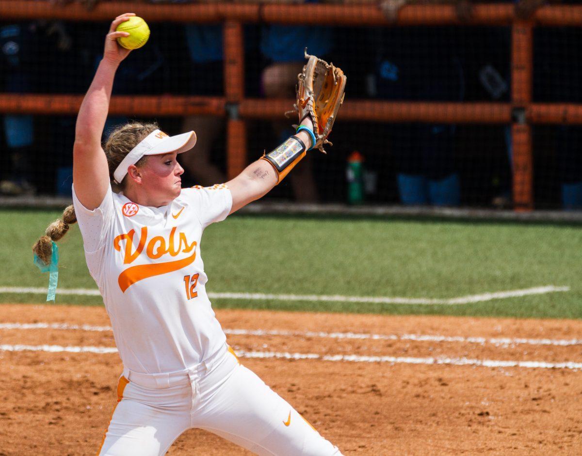 #12, Caylan Arnold prepares to pitch during the NCAA Regional Final against the University of North Carolina on Sunday, May 19, 2019.
