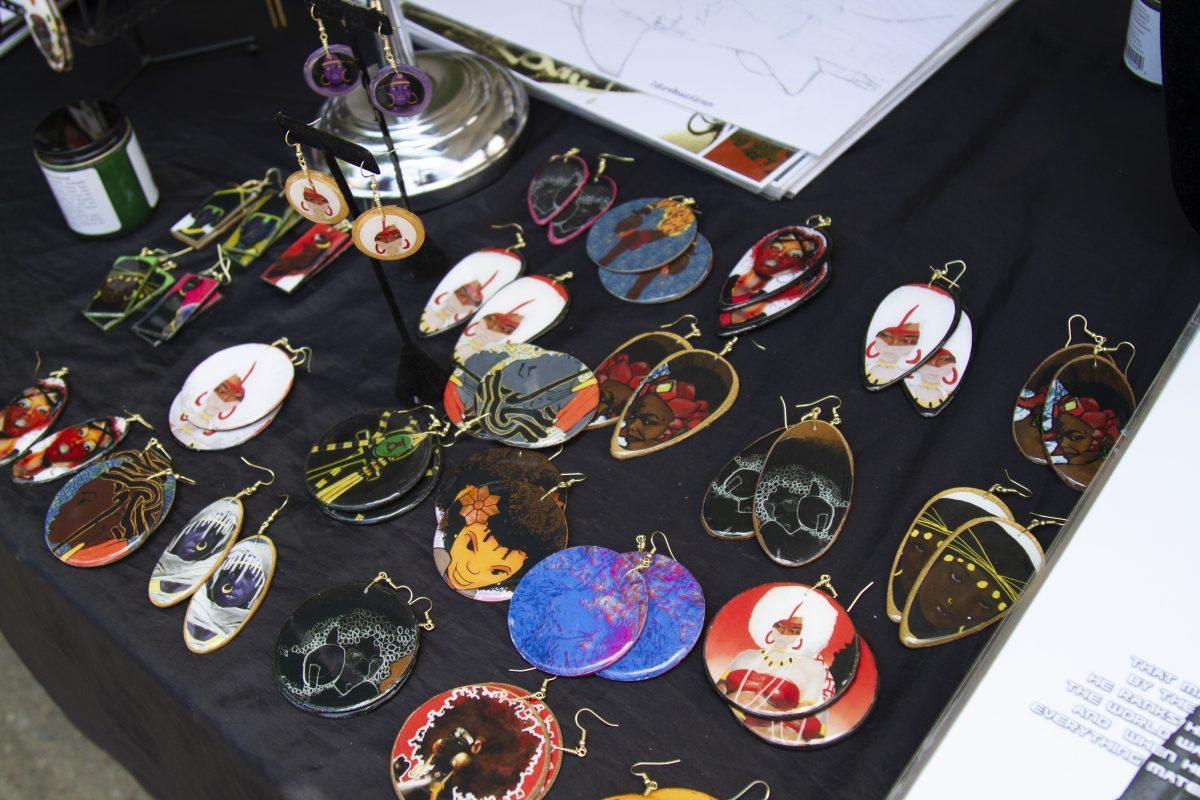 Handmade earrings on display at a vendor Sutre Ithnaan's booth. 