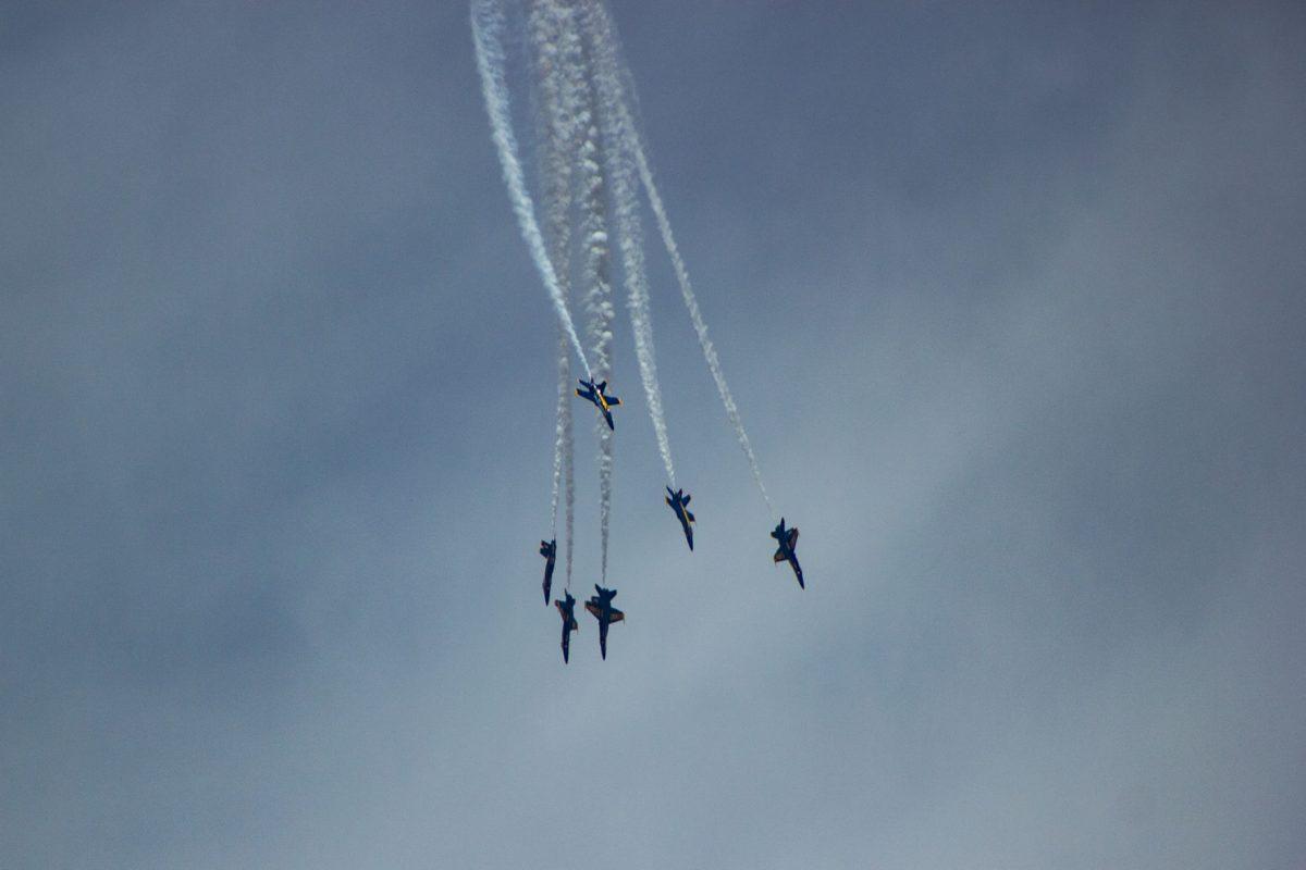 Blue Angels  performing the fleur-de-lis manuever during practice in Fort Pickens, Florida - June 26, 2019.