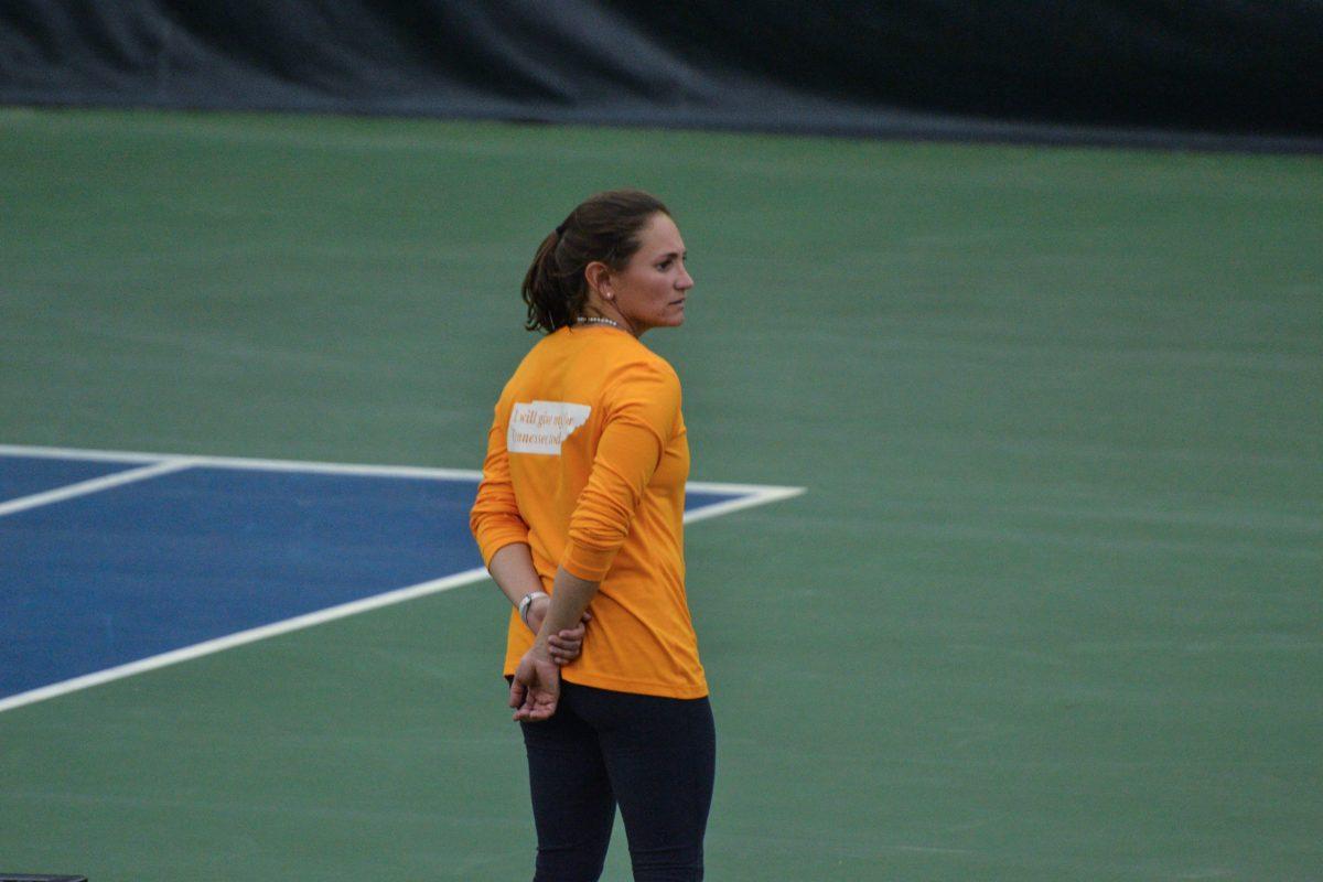 Head coach, Alison Ojeda, during the women's tennis match against Auburn on Mar. 29, 2018.
