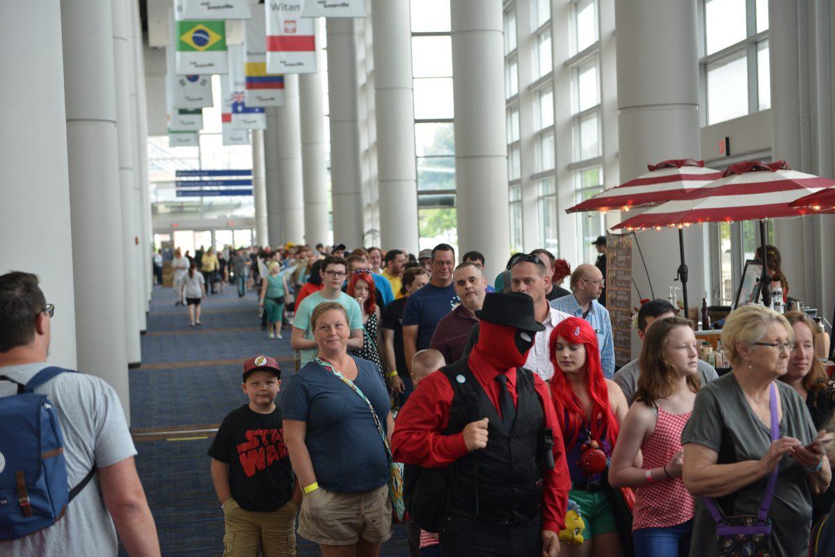 Fanboy Expo attendees wait for the convention floor to open at the Knoxville Convention Center. 