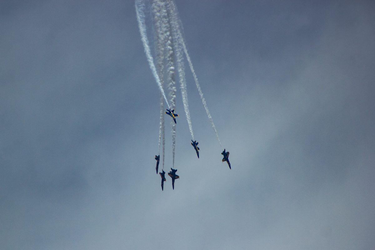 Blue Angels  performing the fleur-de-lis manuever during practice in Fort Pickens, Florida - June 26, 2019.
