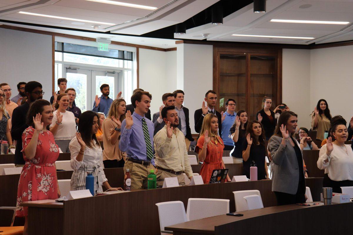 New and returning members of the Student Government Association Senate are sworn into their positions that they will serve for the 2019-2020 school year during the first SGA Senate meeting on August 27, 2019. 