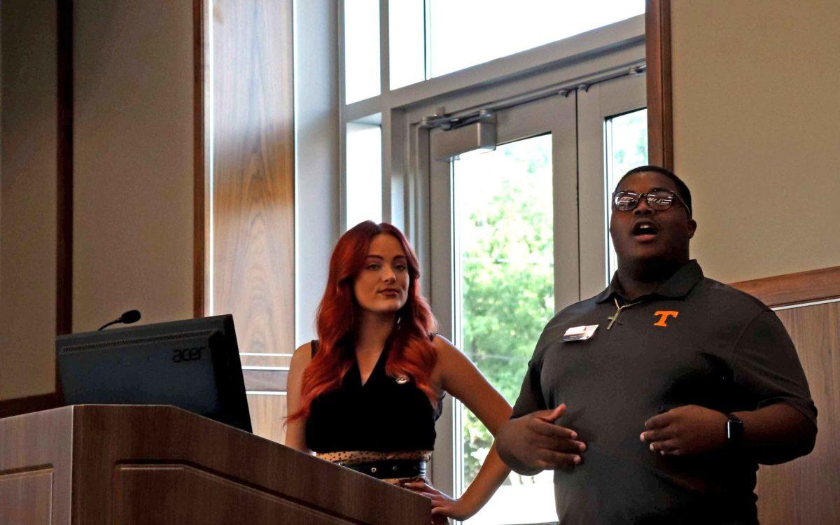 Vice President of the Student Body Isaac Holt (right) and senior in political science Hannah Blackwell speak about the rules that govern the SGA Senate during the school year at the first meeting on August 27, 2019.