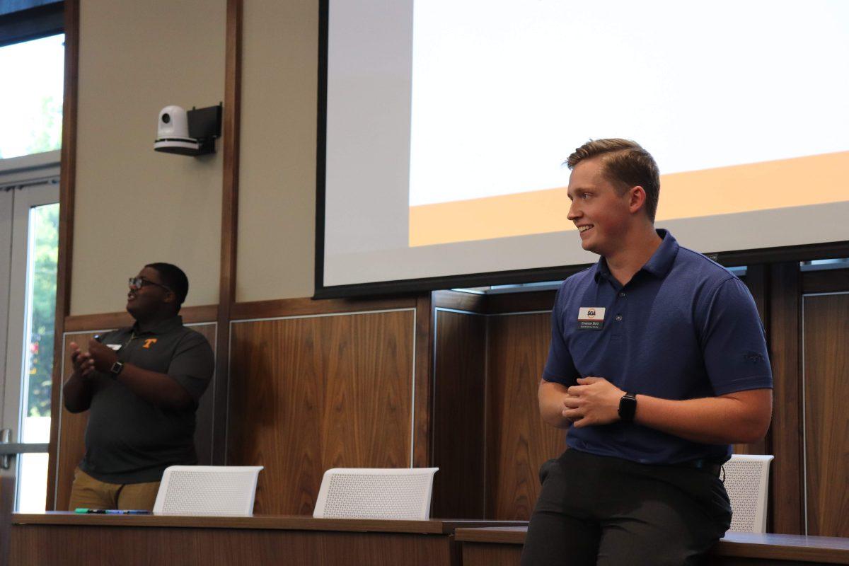 Student Services Director Emerson Burd presents his position and details all the different committee members he's appointed during the first SGA Senate Meeting on Tuesday, August 27, 2019.