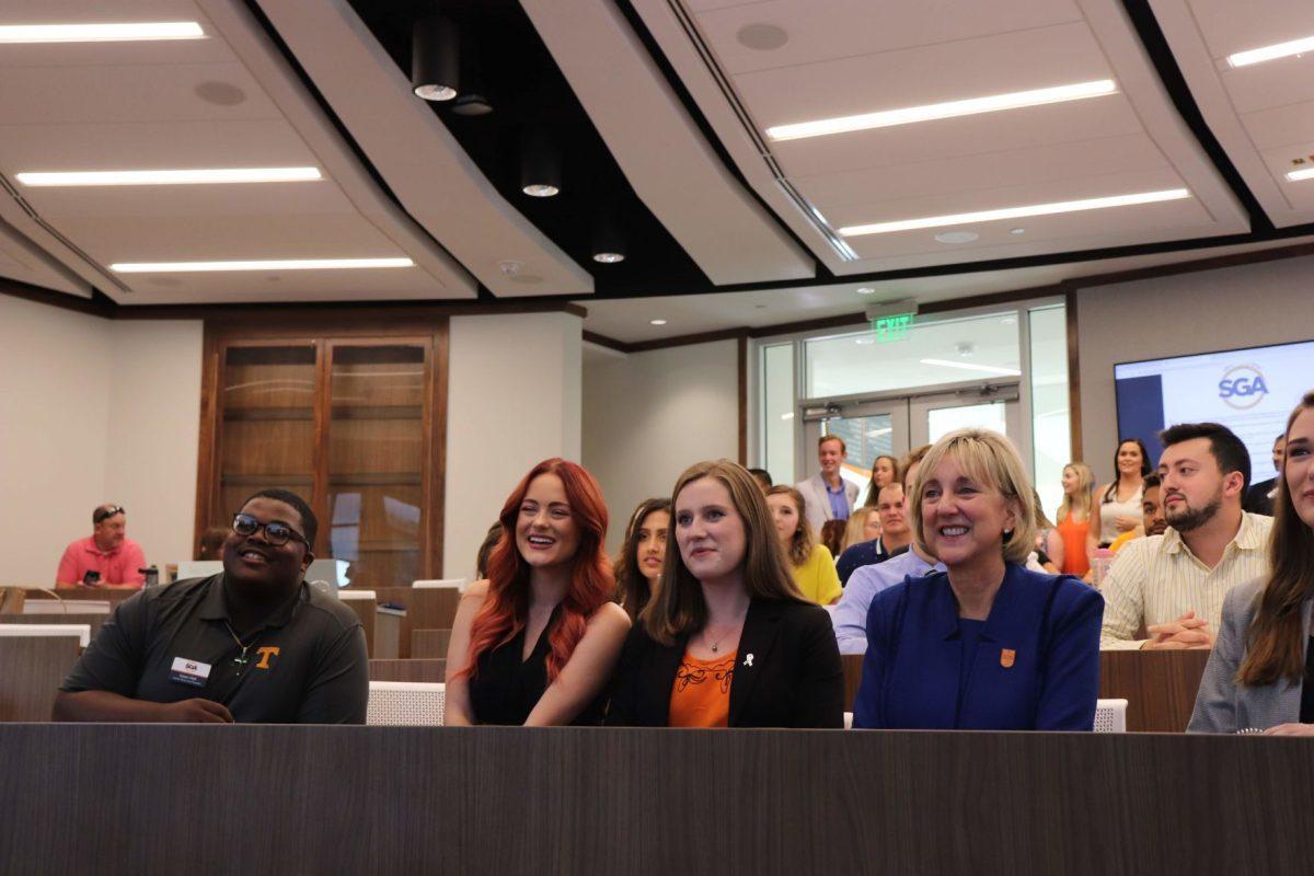 Student Body Vice President Isaac Holt (far left), senior in political science Hannah Blackwell, Student Body President Natalie Campbell and Chancellor Donde Plowman each spoke about the expectations for the new school year during the first SGA Senate meeting on August 27, 2019.
