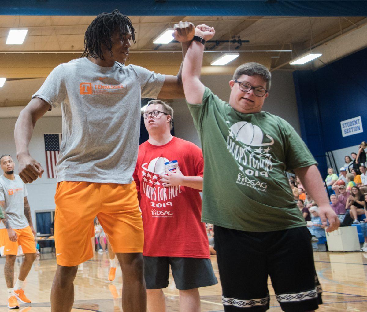 #35, Yves Pones celebrates with his team at the Hoops for Hope event at Knoxville Christian School on August 24, 2019. 