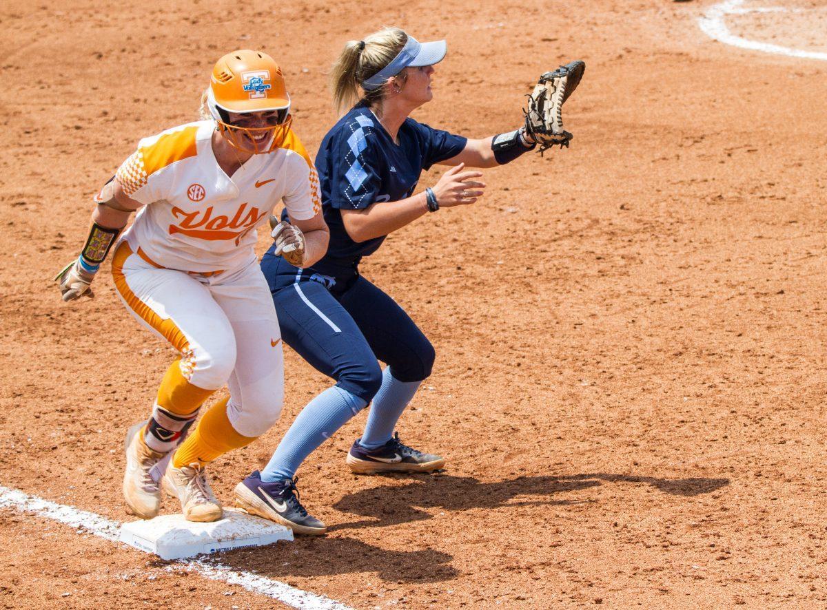 #11, Haley Bearden makes it to first base during the NCAA Regional Final against the University of North Carolina on Sunday, May 19, 2019.