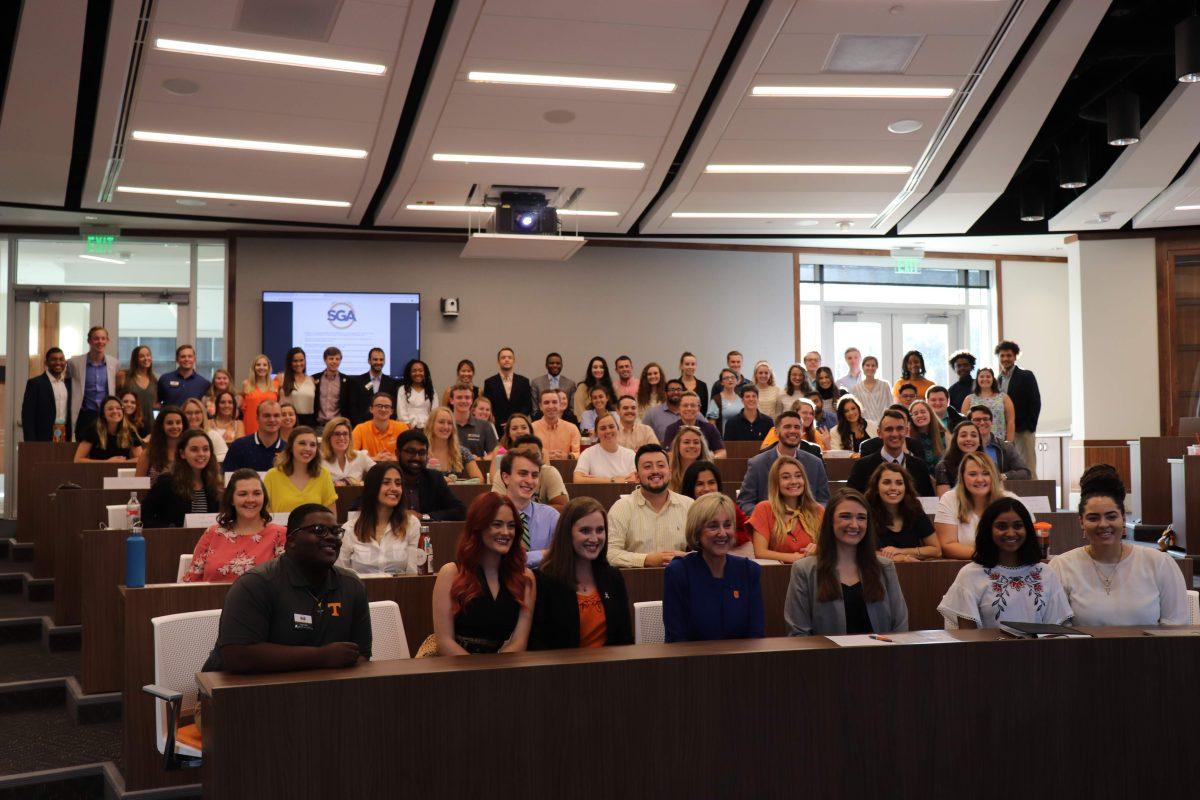 New and returning members of the Student Government Association Senate take a moment to pose for a picture during the first meeting of the 2019-2020 school year on August 27, 2019.