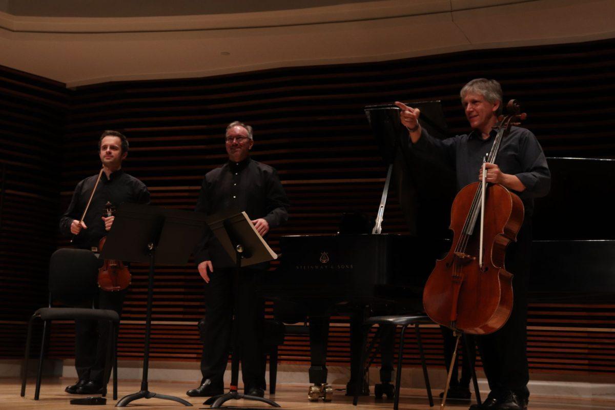 Kevin Class, Geoffrey Herd, and Wesley Baldwin (left to right) welcome a sea of applause after pouring out their talent on stage on Friday, September 20, 2019.
 