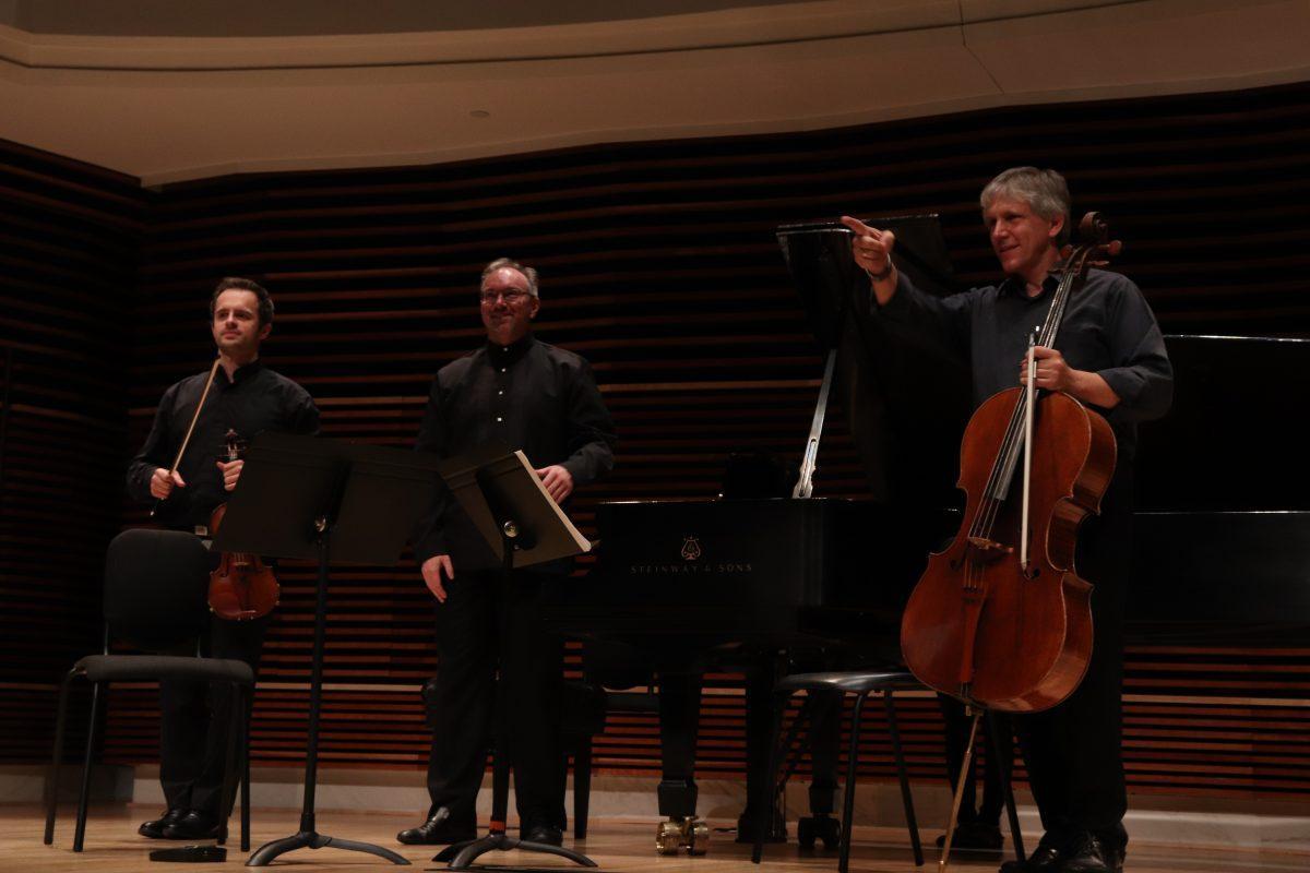 Kevin Class, Geoffrey Herd, and Wesley Baldwin (left to right) welcome a sea of applause after pouring out their talent on stage on Friday, September 20, 2019. 