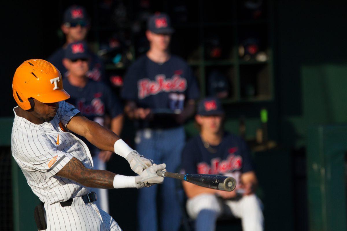 #1, Alerick Soularie, after hitting the ball during the game against Ole Miss on Thursday, May 16, 2019.