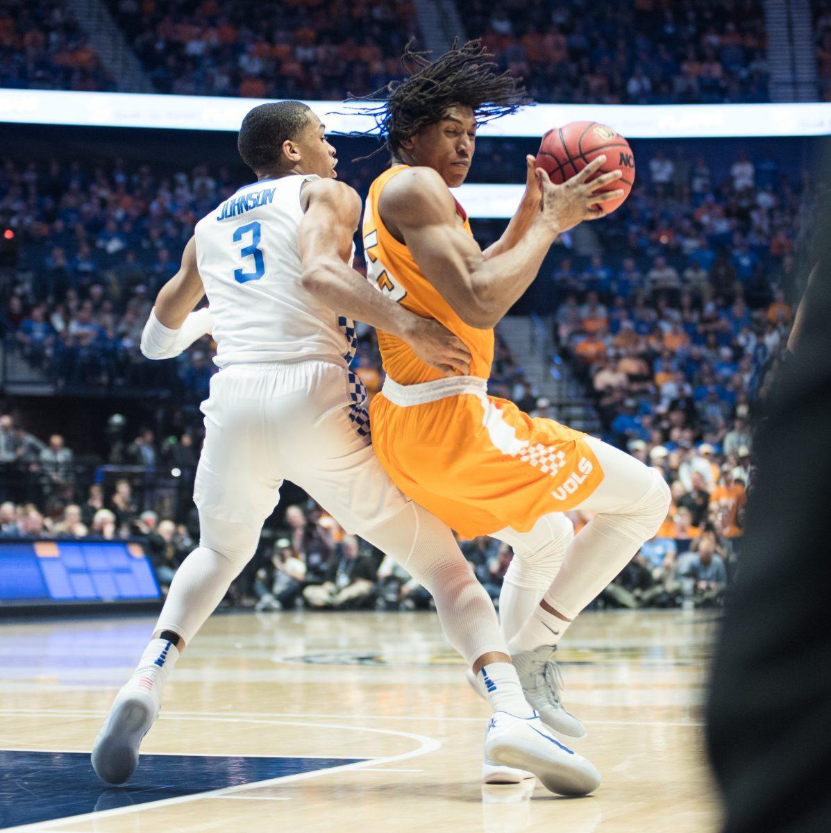 #35, Yves Pons attempts to penetrate the Wild Cat defense the the SEC Tournament game against the University of Kentucky at the Bridgestone Arena on Saturday March 16, 2019. 