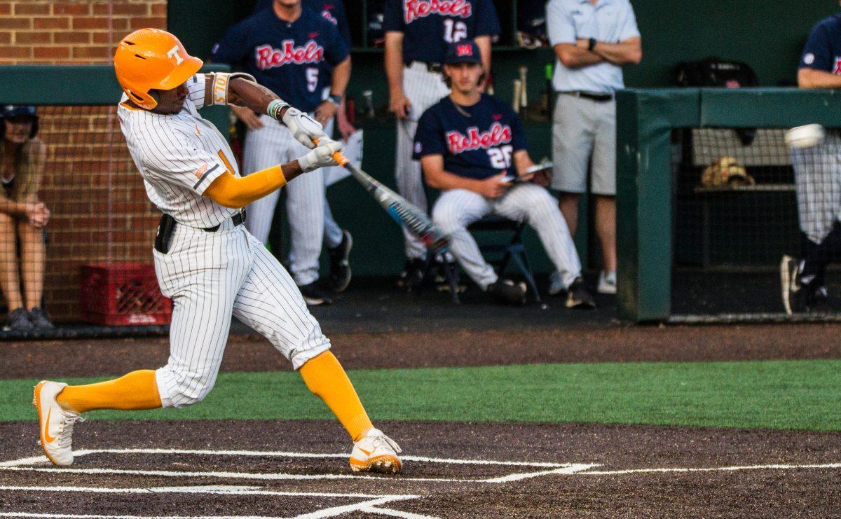 #4, Jay Charleston, hits the ball during the game against Ole Miss on Thursday, May 16, 2019.