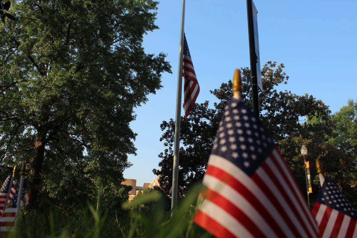 Flags, including the one outside of Hoskins library, were lowered to half-staff across the nation to honor the lives lost during the September 11 attacks. 
