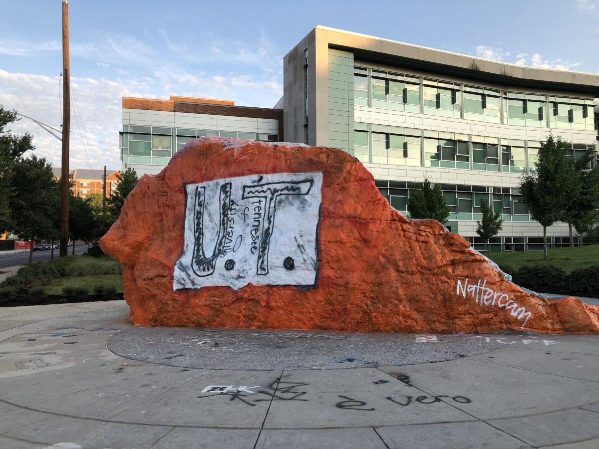 Junior Natalie Campbell painted the Rock Monday to reflect the design of a Florida student who made his own shirt for College Colors Day. 