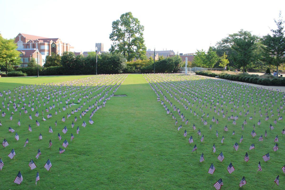 The completed flag memorial with 2,977 flags on Wednesday September 11, morning.