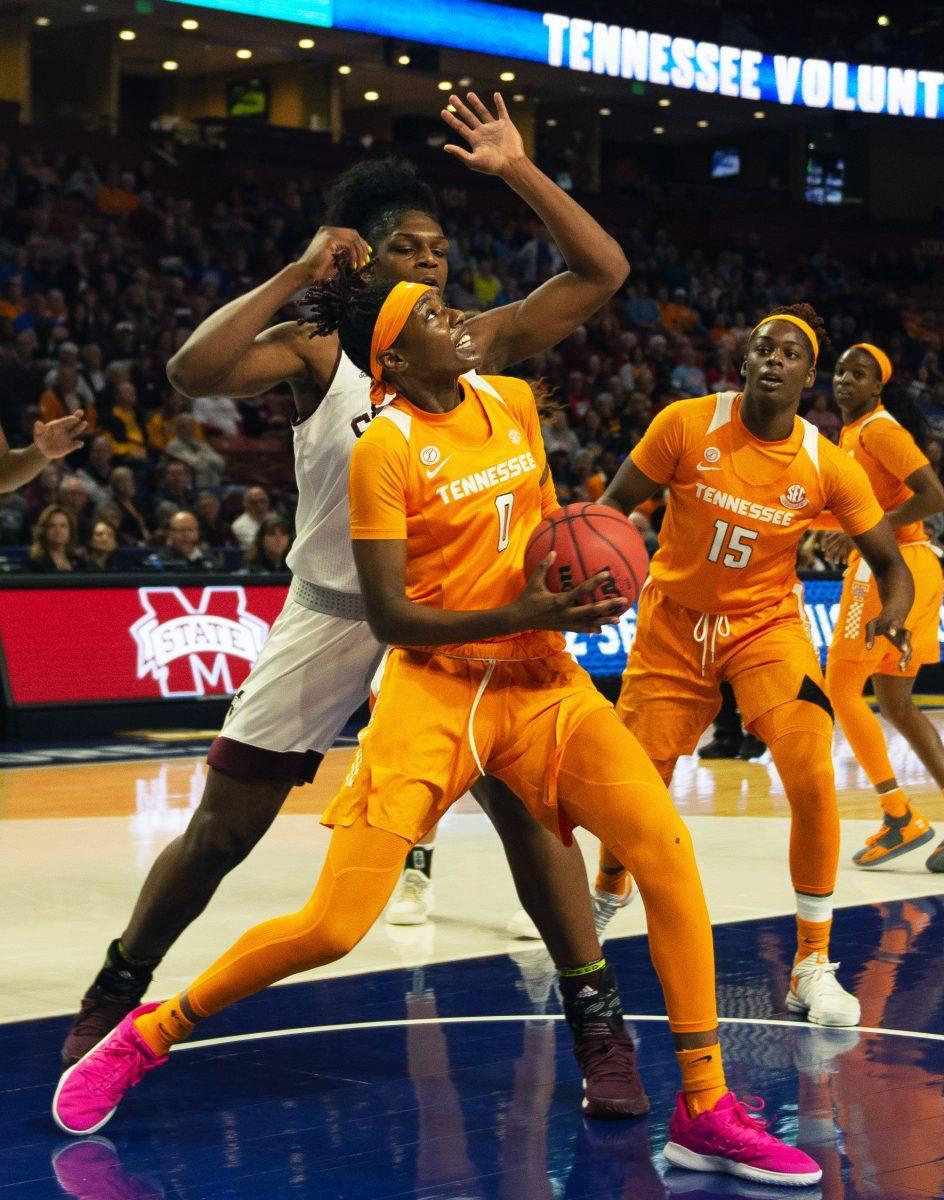 #0, Rennia Davis, attempts a layup during the SEC Tournament against Mississippi State on Friday March 8, 2019 at Bon Secours Wellness Arena in Greenville, South Carolina. 
