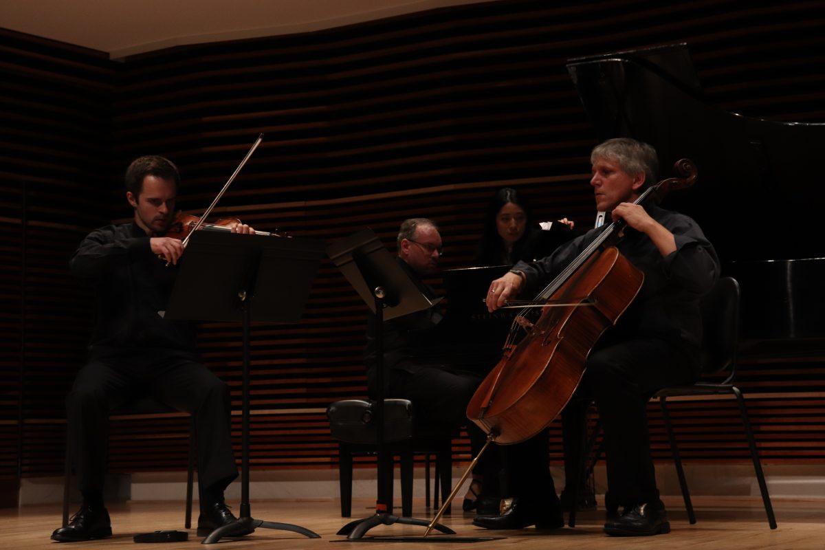 (left to right) Kevin Class, Geoffrey Herd and his assistant, and Wesley Baldwin take center stage for the Faculty Recital on Friday, September 20, 2019. 