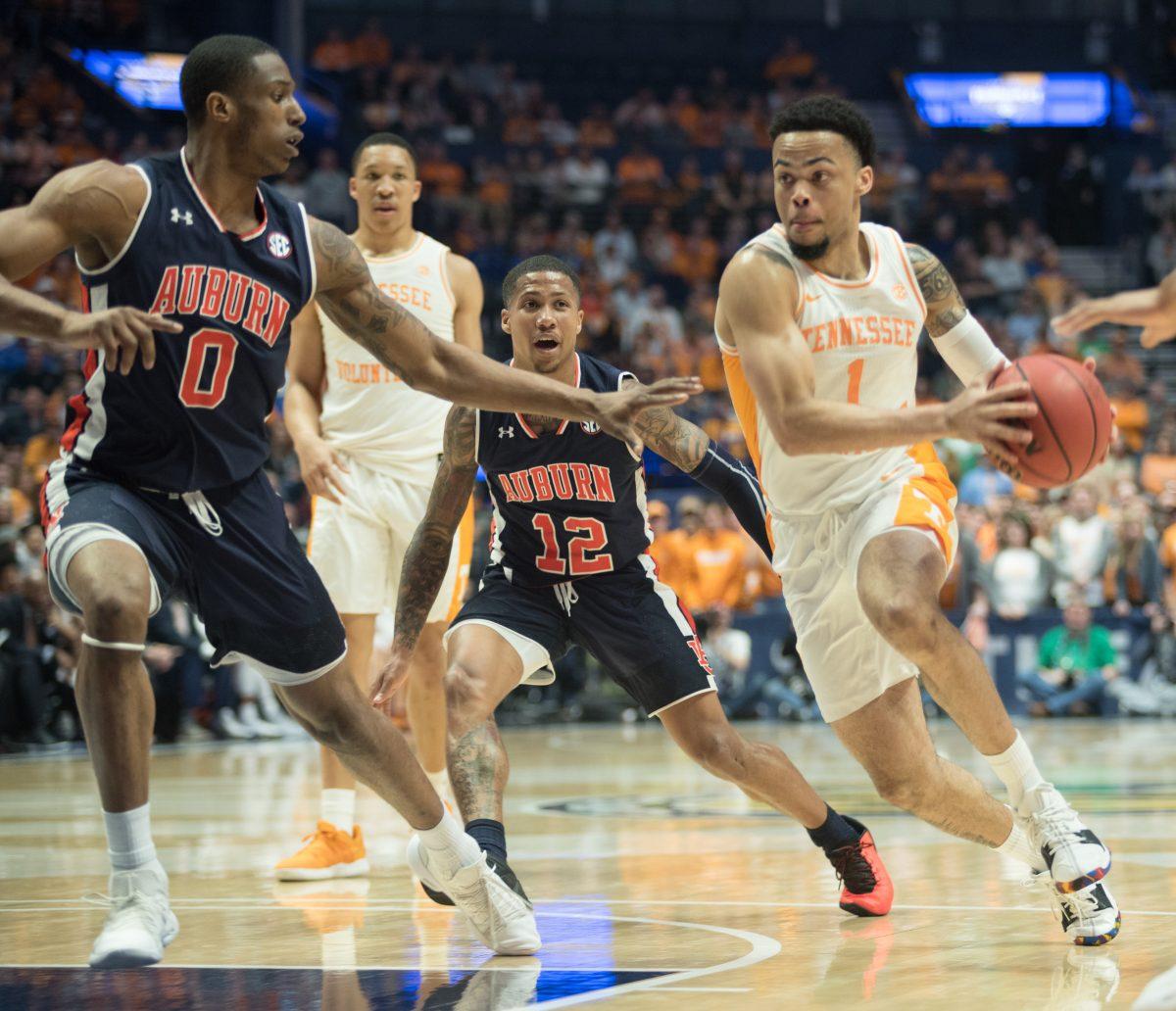 #1, Lamonte Turner attempts to penetrate the War Eagles' defense during the SEC Tournament game against Auburn University at the Bridgestone Arena on Sunday March 17, 2019. 