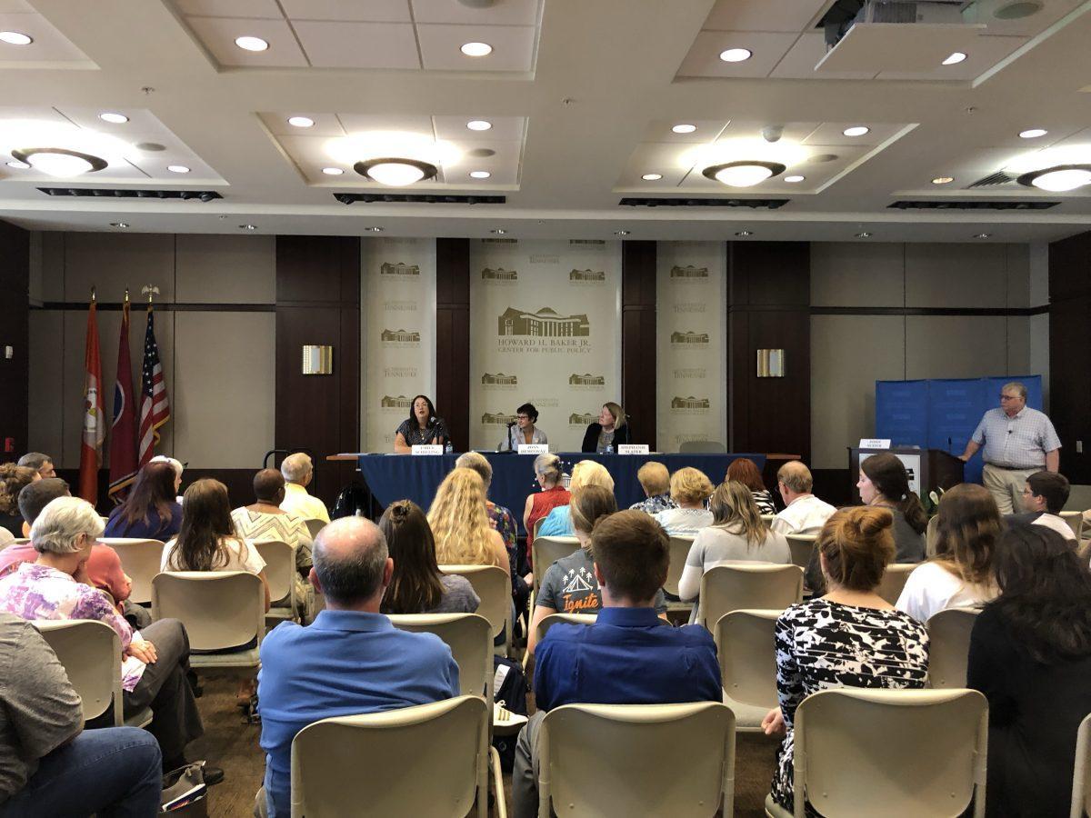 From left to right: Dr. Emily Schilling, Dr. Joan Heminway, Stephanie Slater and Dr. John Scheb hold a discussion on the 19th Amendment for a crowd at the Baker Center.