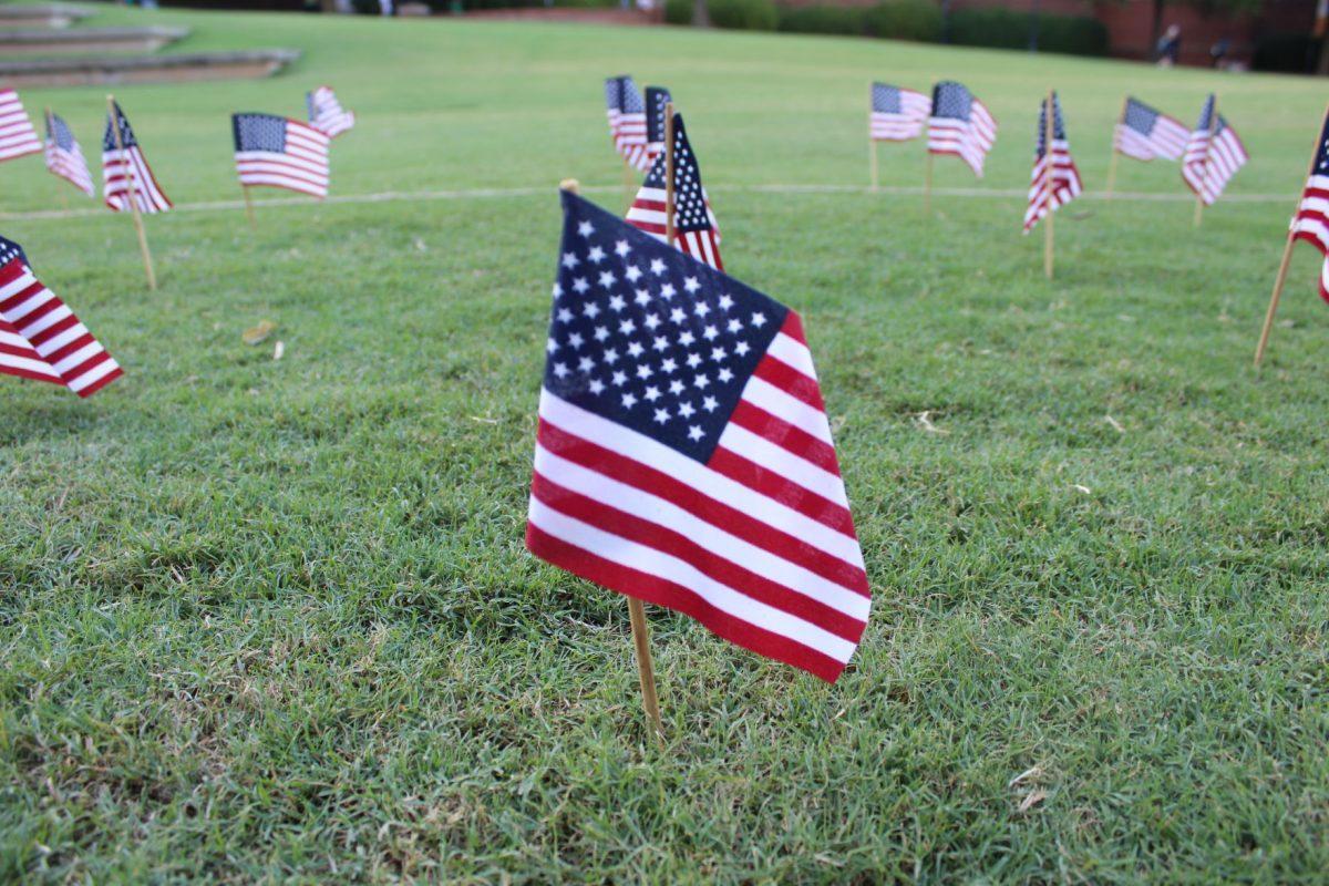 Each flag of the 2,977 flags placed in the lawn of HSS amphitheater represents a life lost 18 years ago during the September 11 terrorist attacks. The flags were placed by Young Americans for Freedom chapter at UT on Tuesday, September 10, 2019.