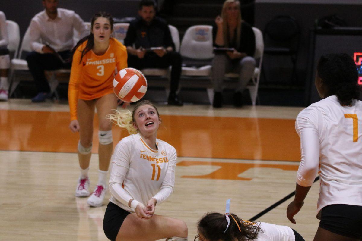 Lady Vol Volleyball player, Secdona Hansen (#11), rushes to save the ball in a game against Mississippi State at Thompson Boling Arena on Sunday, October 13, 2019
 