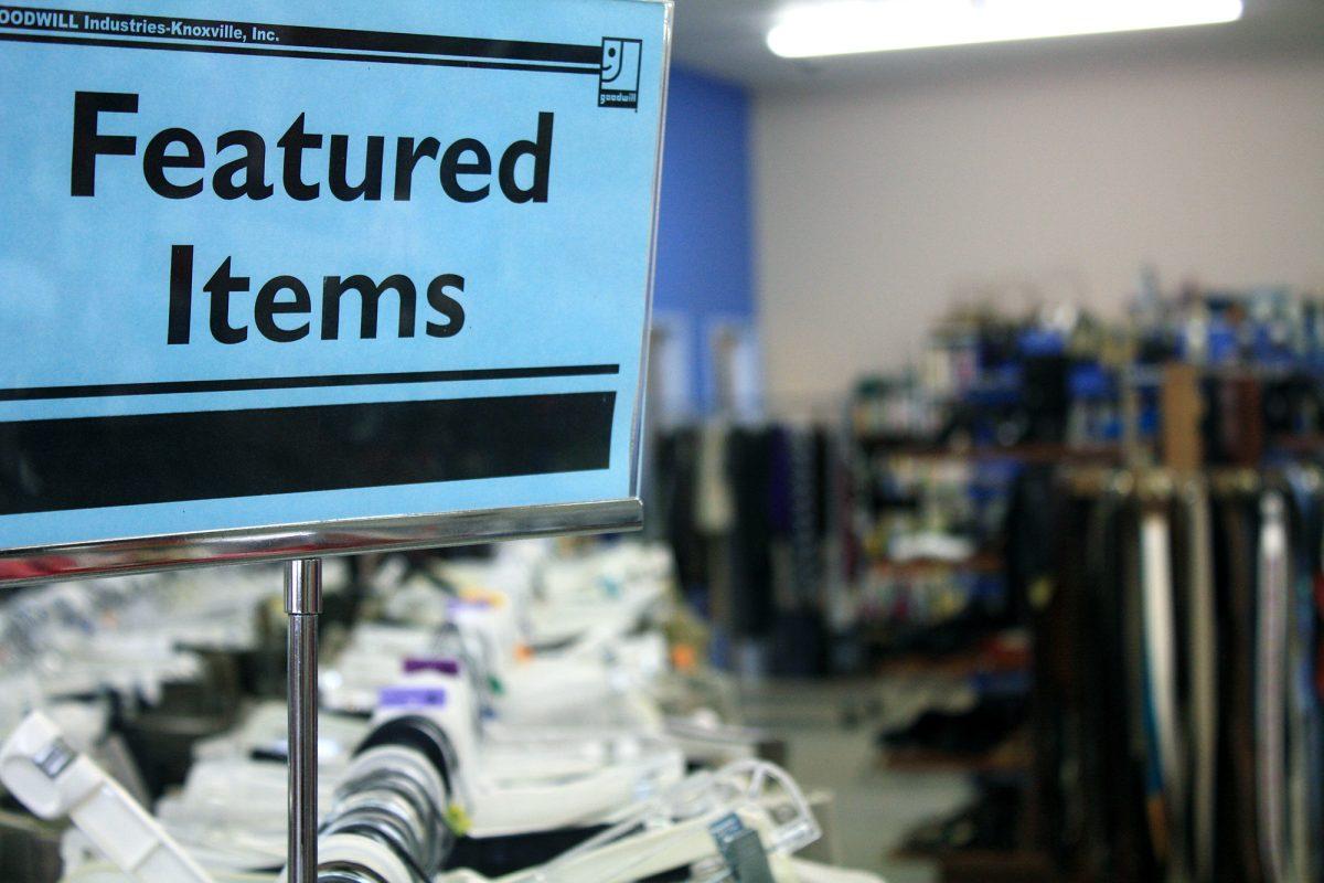 A sign marks the newly added items to Goodwill's racks.